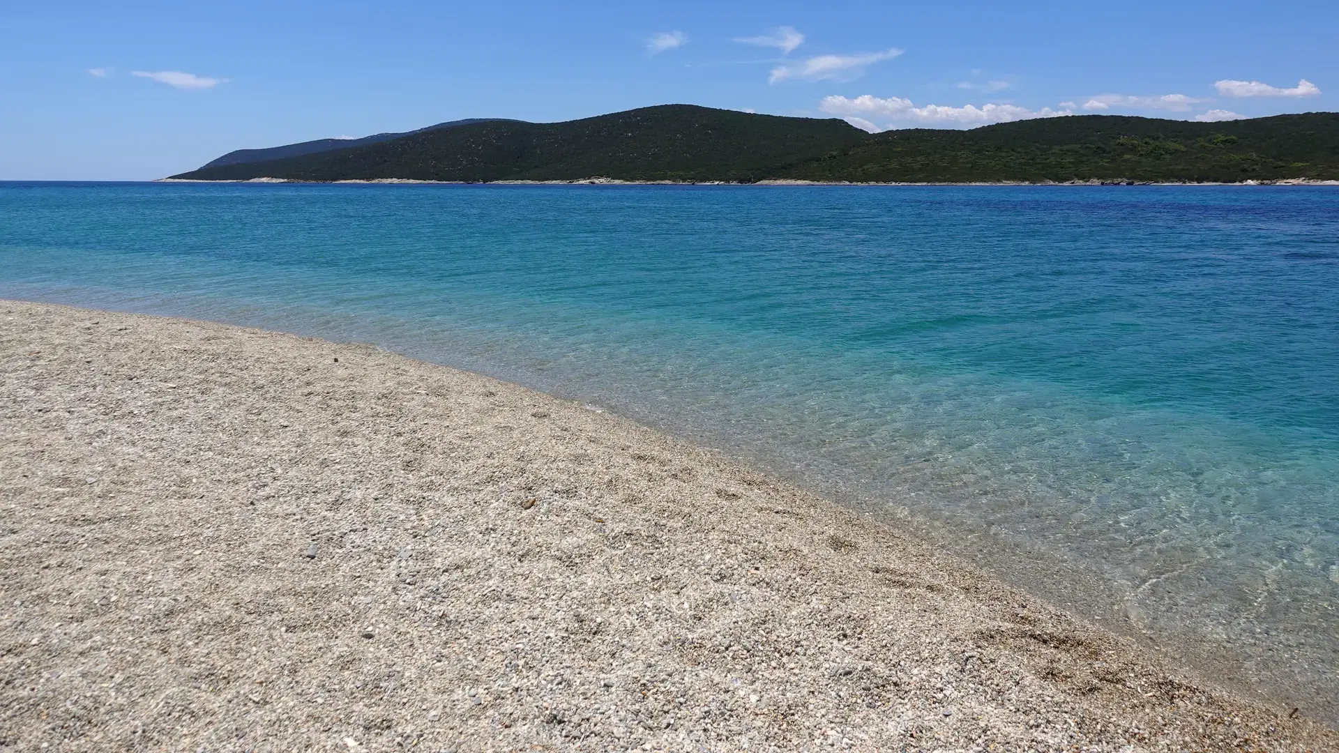 Sea level photo of exotic turquoise sandy bay with turquoise clear sea