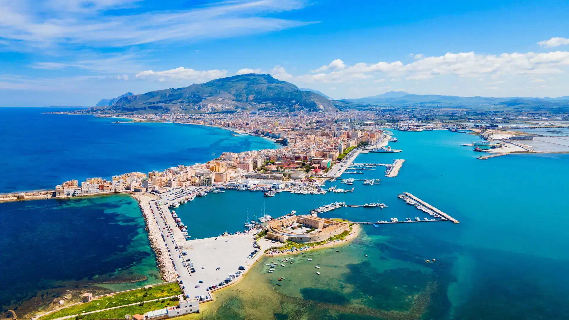 Trapani city port aerial panoramic view. Trapani is a city on the west coast of Sicily island in Italy.