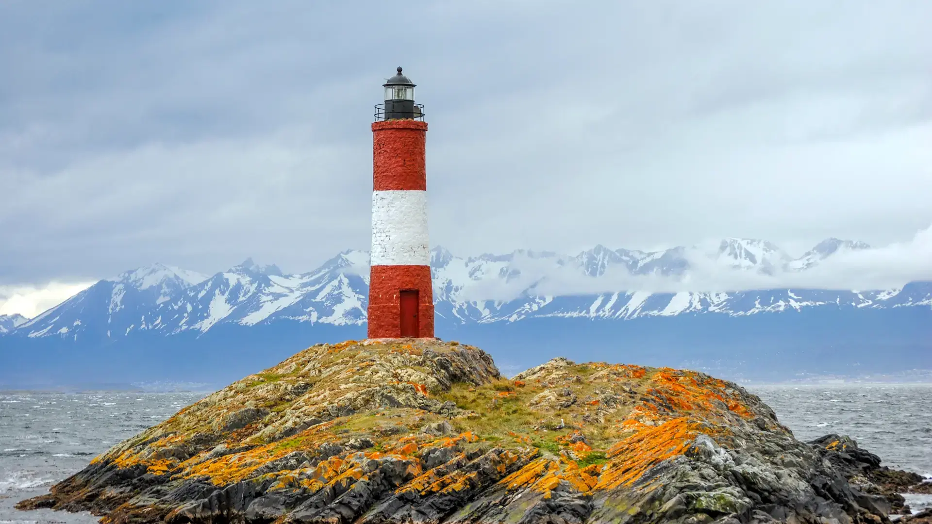 Les Eclaireurs lighthouse standing majestically in the Beagle Channel, Ushuaia, Argentina