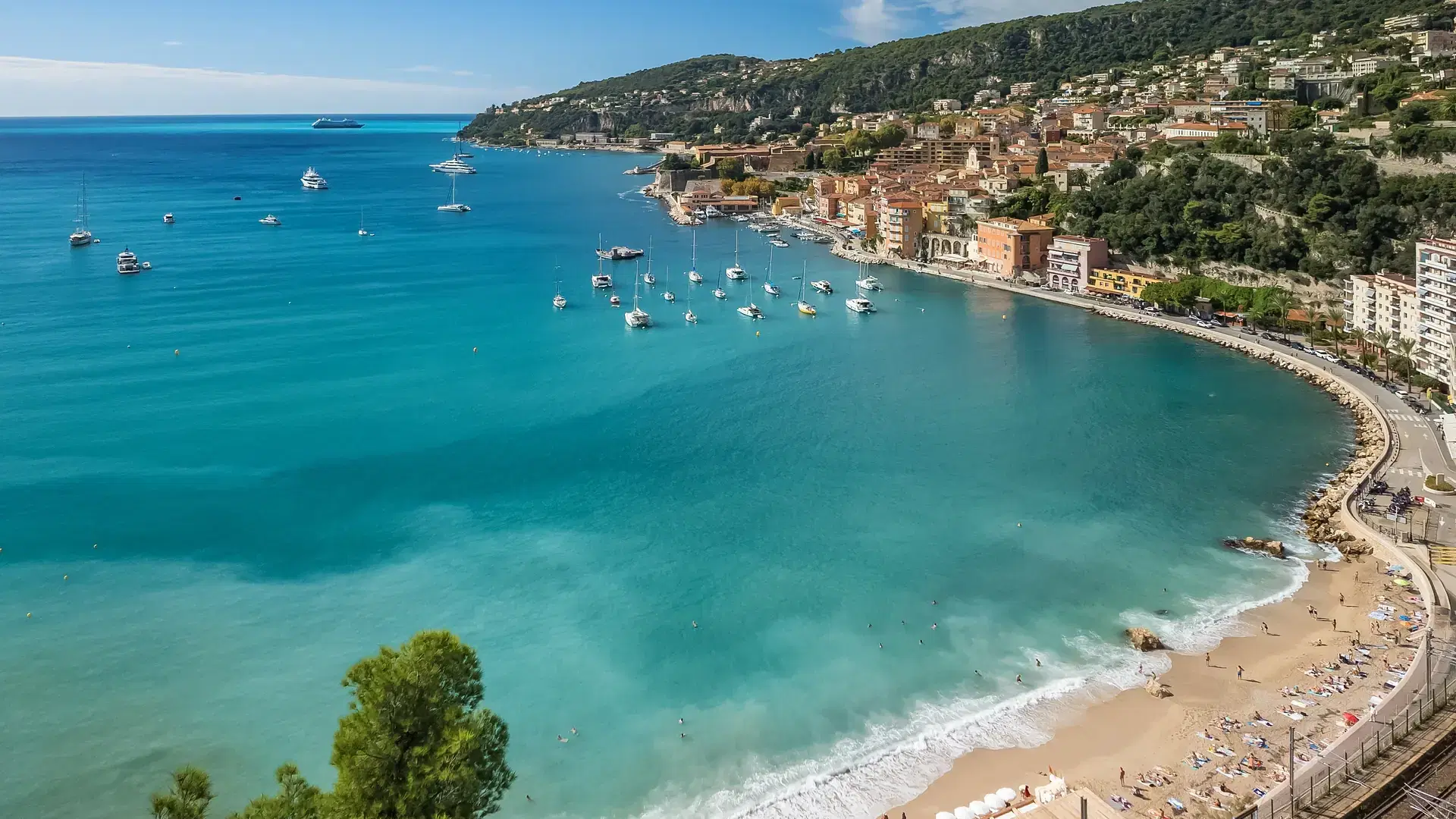 Aerial view of the picturesque town of Villefranche-sur-Mer near Nice, Cote dAzur, southern France. A popular summer travel destination on the French Riviera.