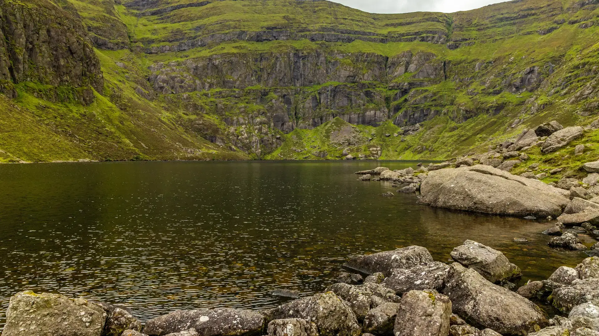 Coumshingaun Lough with rocks and vegetation, Waterford, Ireland