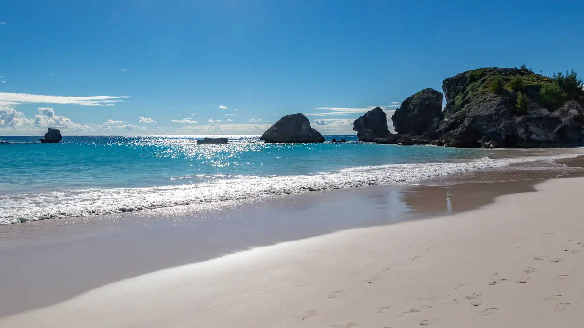 Looking out over the ocean from the sandy beach, at Horseshoe Bay on the Island of Bermuda