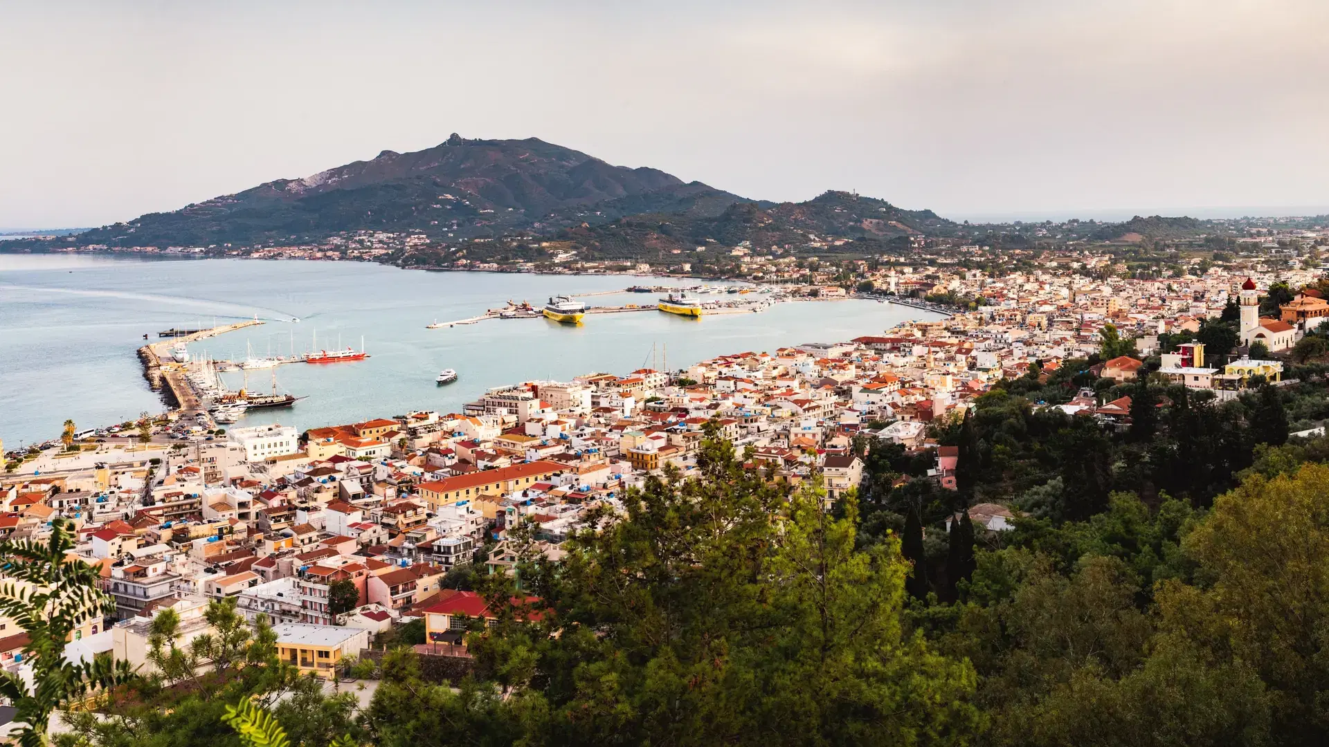 view of Zakynthos city on Zante island in Greece. Church of Panagia Pikridiotissa with beautiful view at Zakynthos town at sunrise