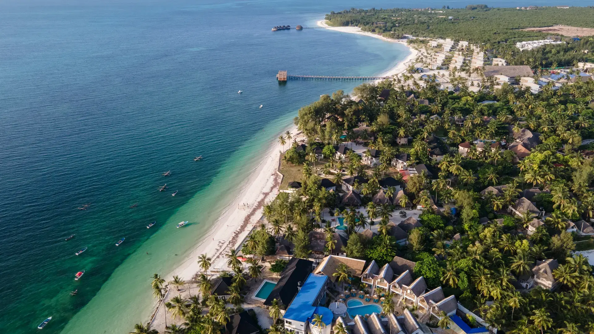 Aerial view of the Zanzibar coastline, featuring crystal-clear turquoise waters, white sandy beaches, and a dense covering of tropical vegetation